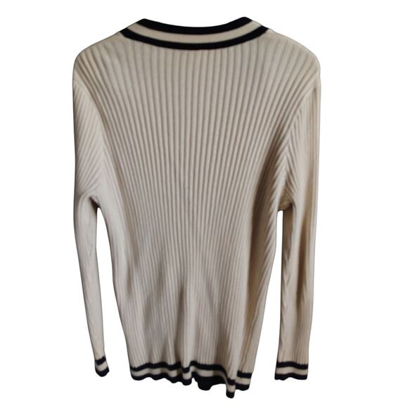 Cabi Ribbed Knit Gold buttons Cardigan Beige Navy Women's Size Large - Picture 3 of 5